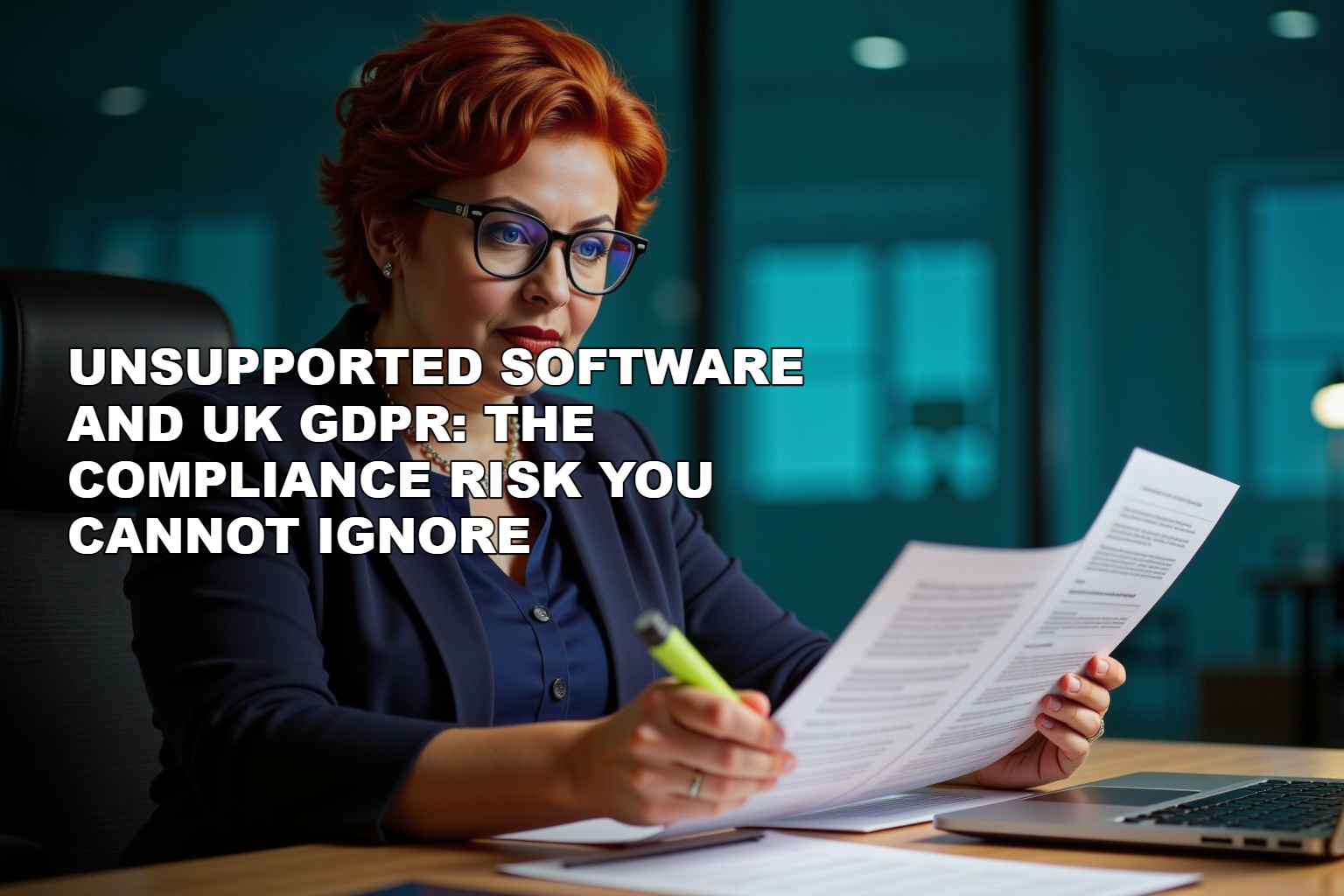 Mauven MacLeod reviewing a policy document at a tidy professional desk, laptop open showing a compliance checklist, natural daylight