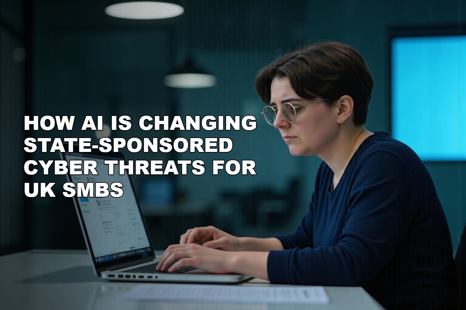 A small business owner reviewing a router and laptop together in a bright UK office, representing everyday devices as part of identity security